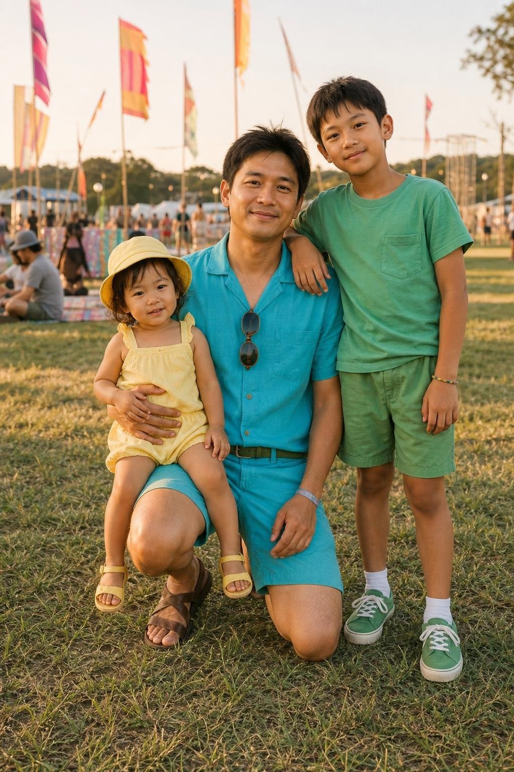 the whole family in turquoise and lemon yellow, parents in breezy shirts and shorts, kids in comfortable cotton outfits, outdoor summer festival lawn (option 2)