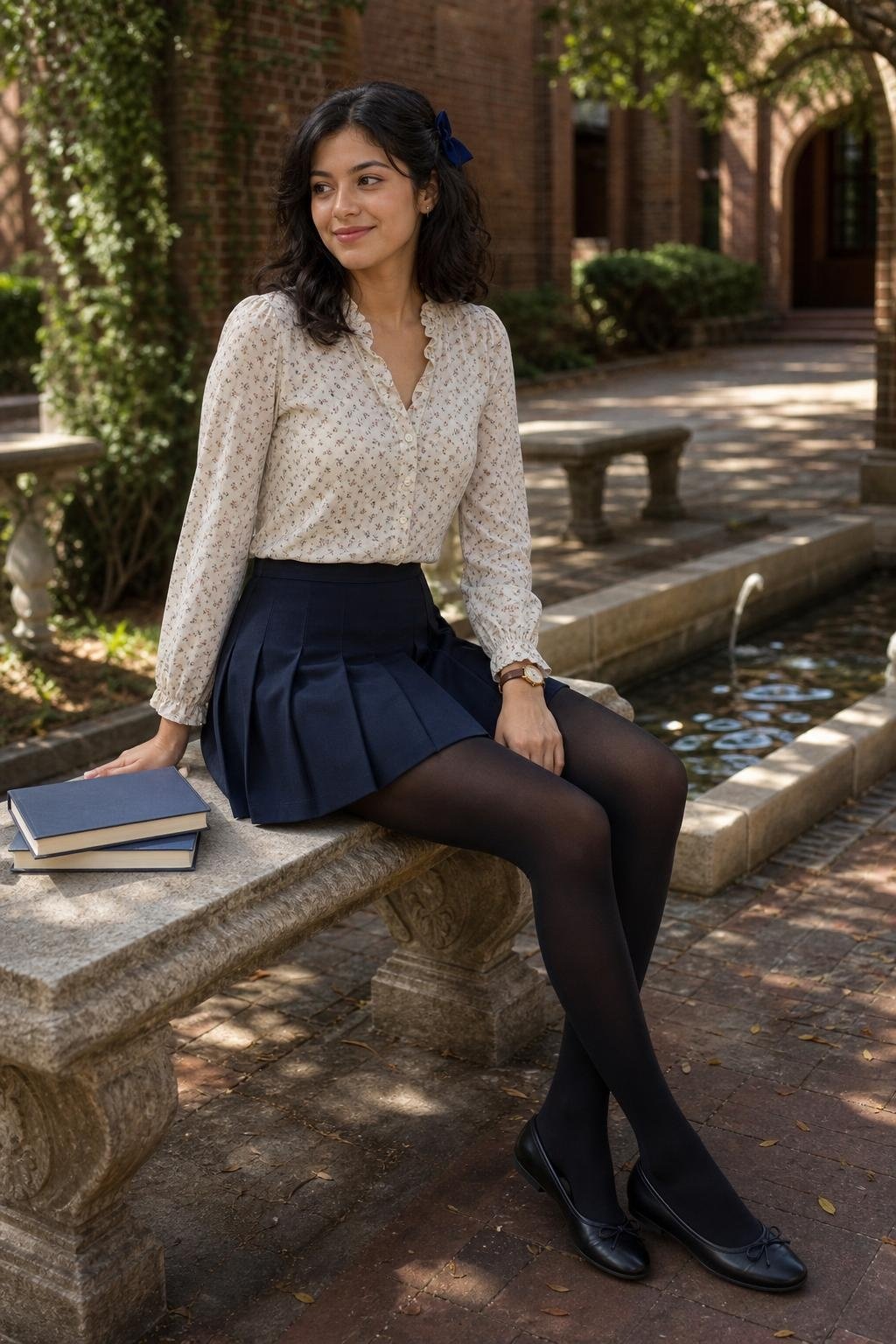 Tiny floral blouse, navy pleated mini skirt, opaque tights, black ballet flats, campus-style courtyard (option 2)