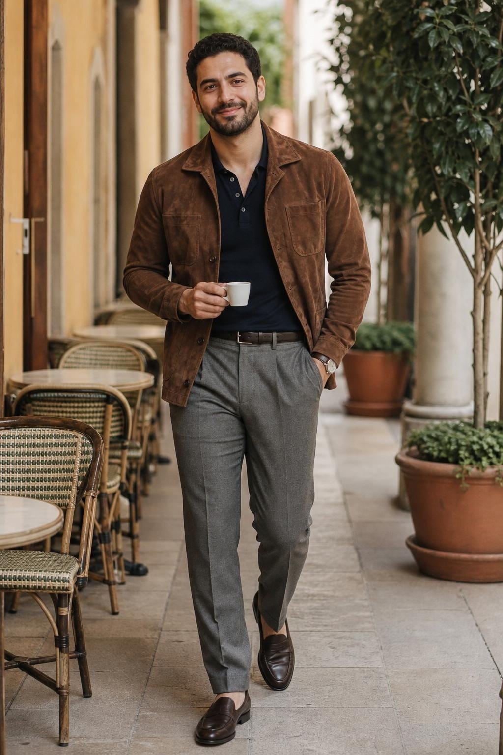 Tobacco suede jacket, navy knit polo, medium grey trousers, brown leather loafers, weekend espresso bar scene (option 2)
