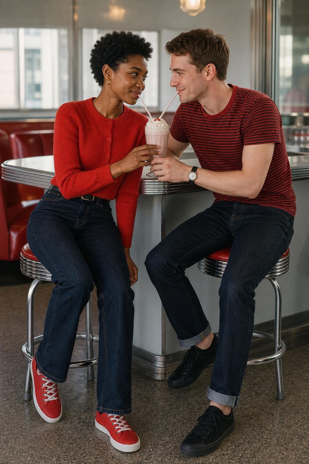 tomato red cardigan with deep indigo jeans and red striped tee at a casual diner date (option 1)