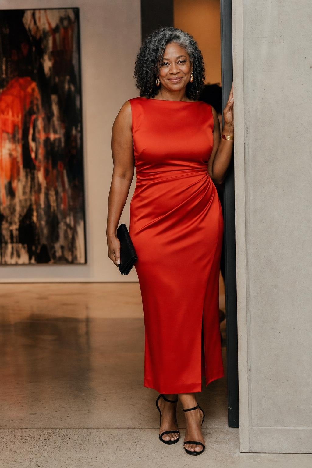 tomato red column midi dress with black sandals at a modern art museum wedding (option 1)