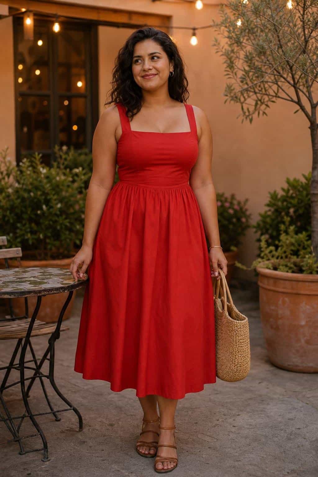 Tomato red cotton midi dress, brown leather sandals, woven bag, outdoor cafe table in warm evening light (option 1)