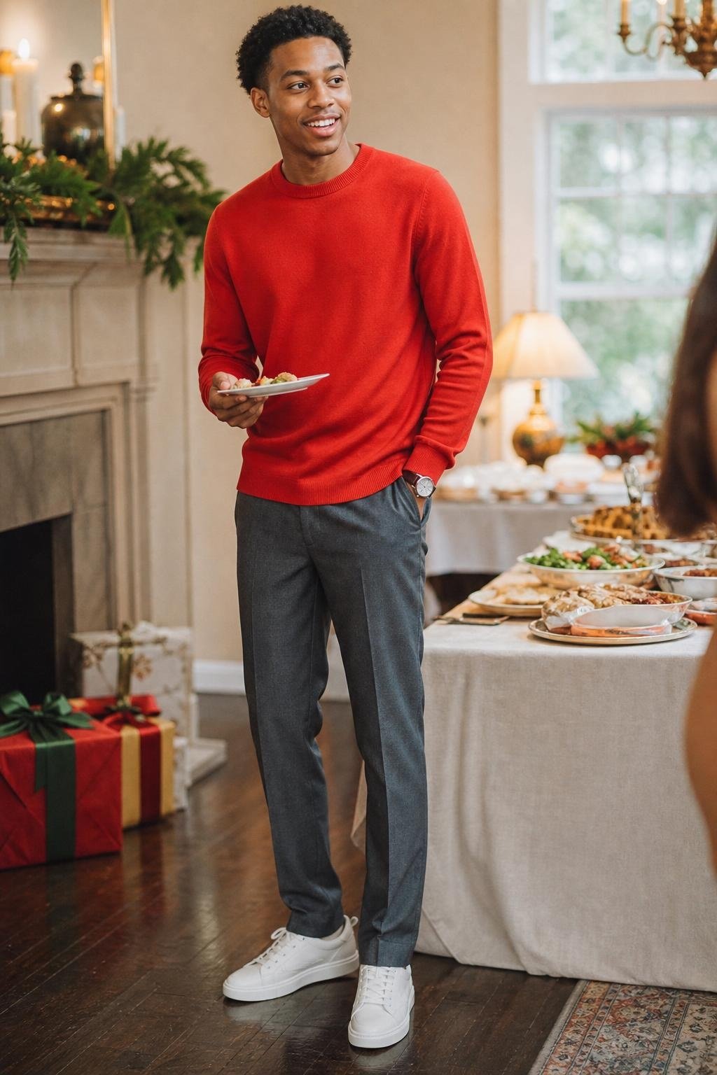 Tomato red crewneck sweater, gray wool trousers, white low-profile sneakers, festive casual holiday lunch (option 1)