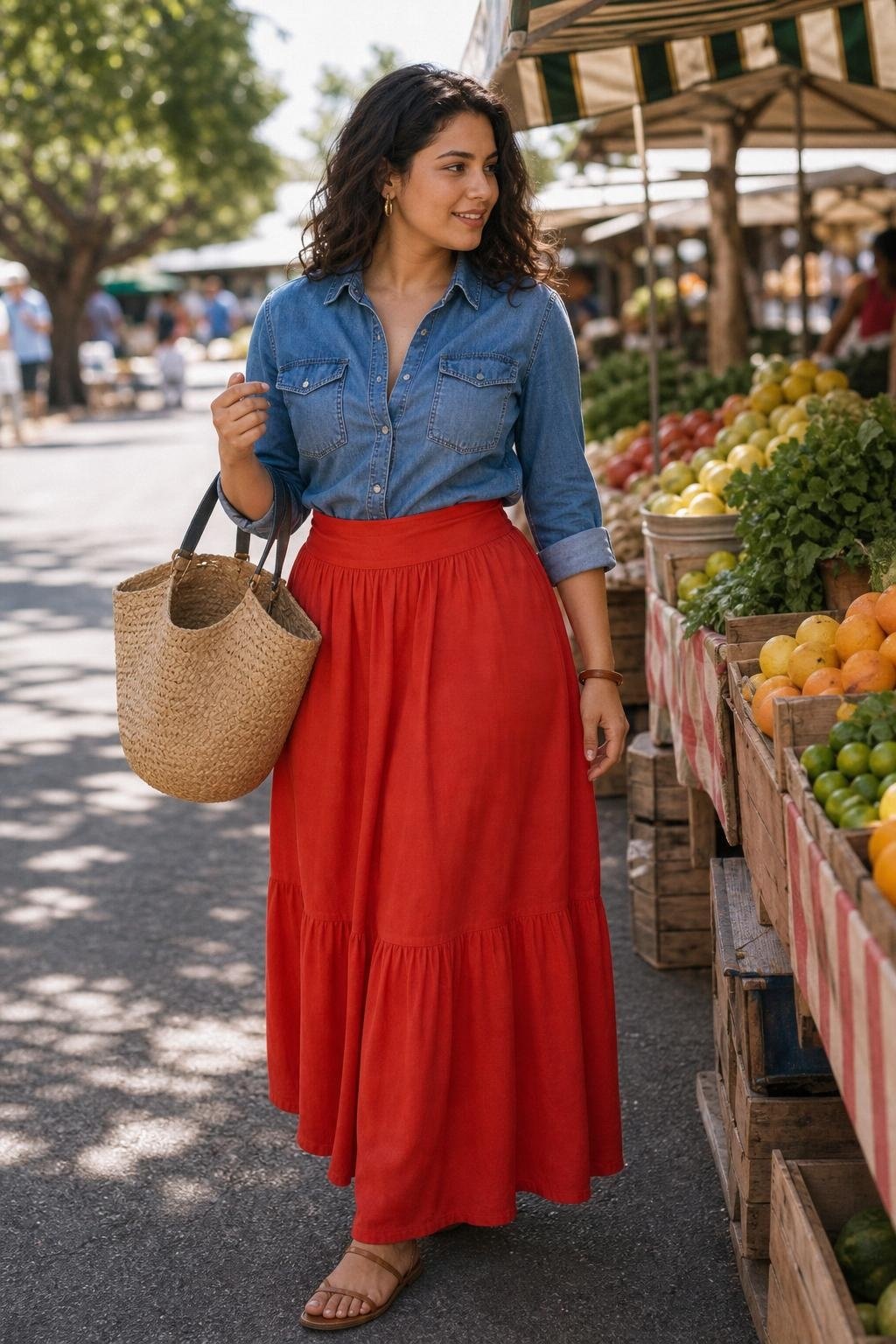 Tomato red maxi skirt, medium wash denim shirt, tan sandals, straw tote, outdoor weekend market (option 1)