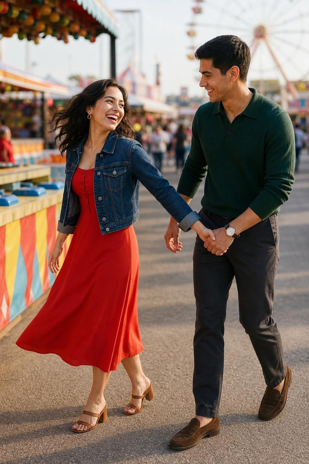 Tomato red midi dress with denim jacket and dark chinos at a bright fairground (option 2)
