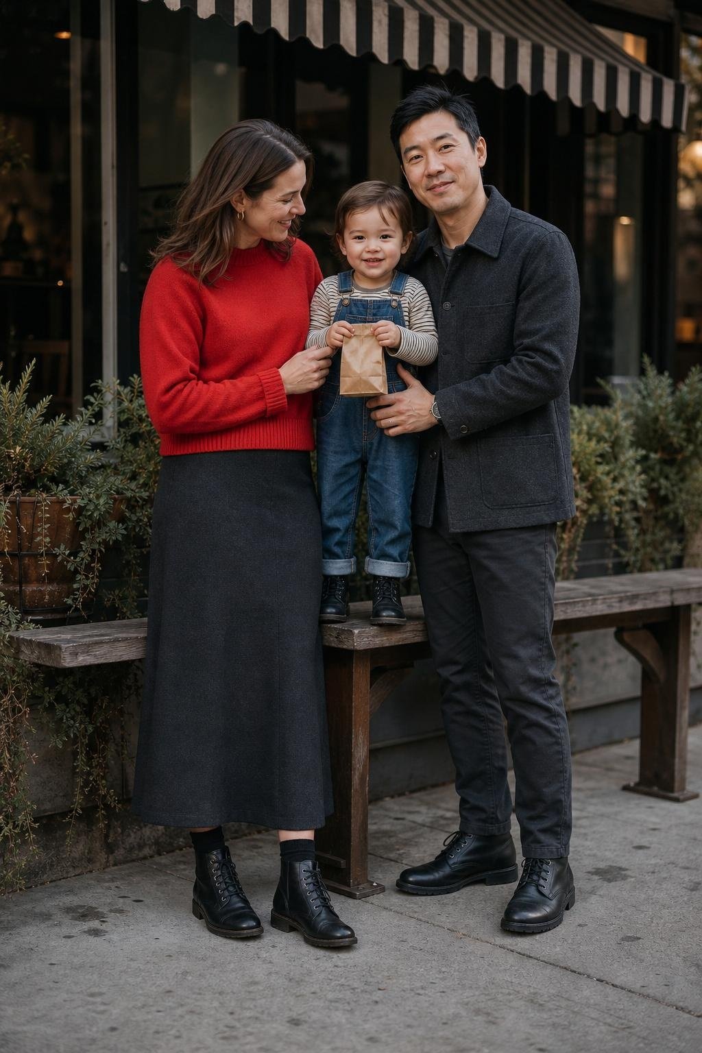 Tomato red pullover, charcoal wool skirt, denim overalls, black lace-up boots at a neighborhood coffee shop (option 1)