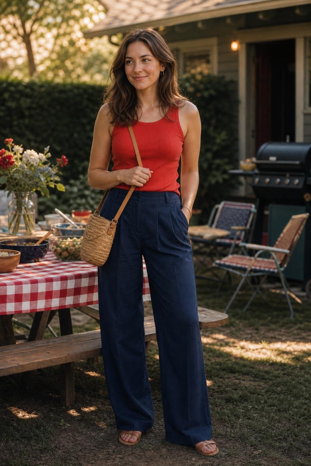 Tomato red ribbed tank, navy wide-leg trousers, tan flat sandals, straw crossbody, relaxed backyard cookout scene (option 2)