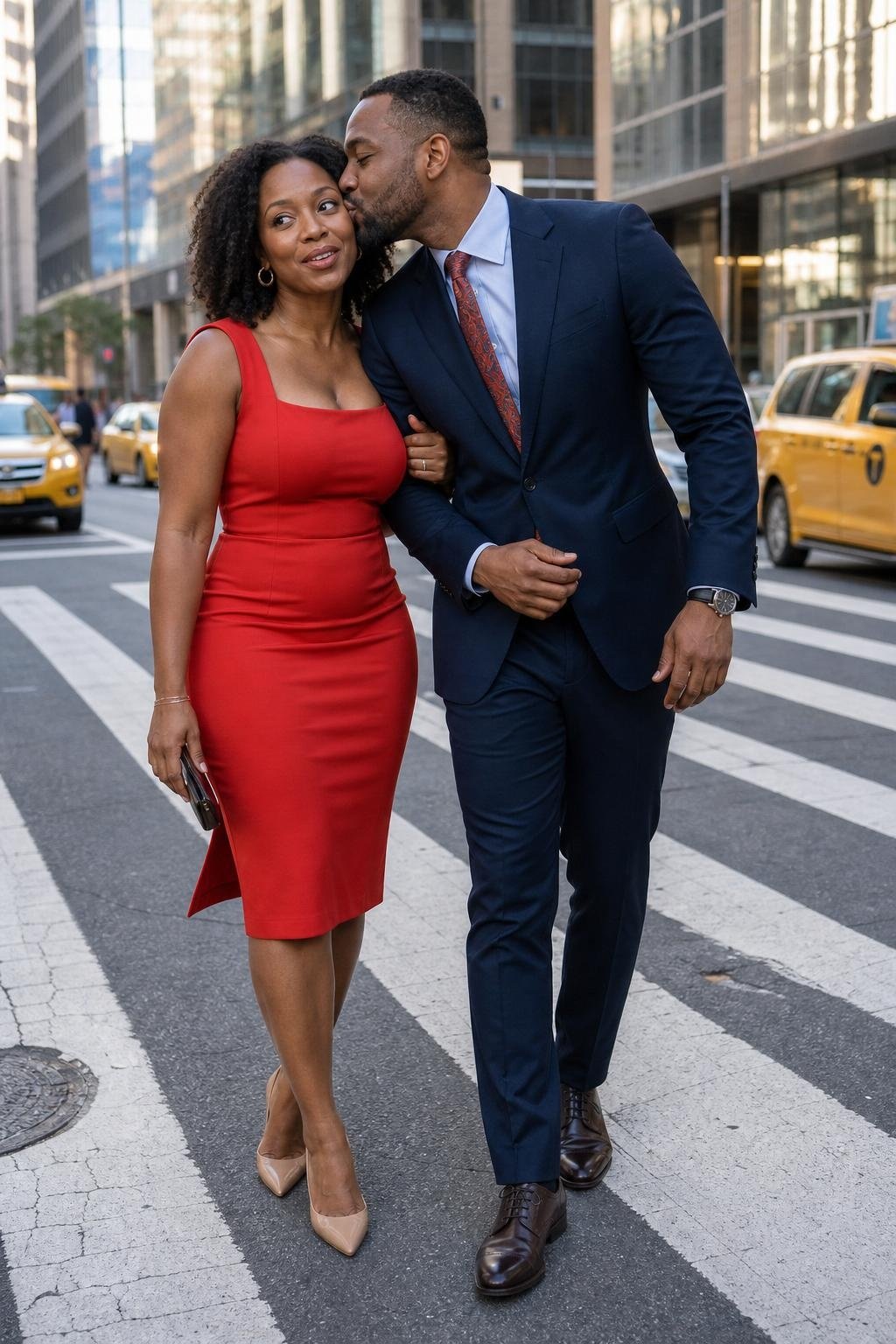 Tomato red sheath dress, nude heels, lively downtown crosswalk anniversary scene (option 1)