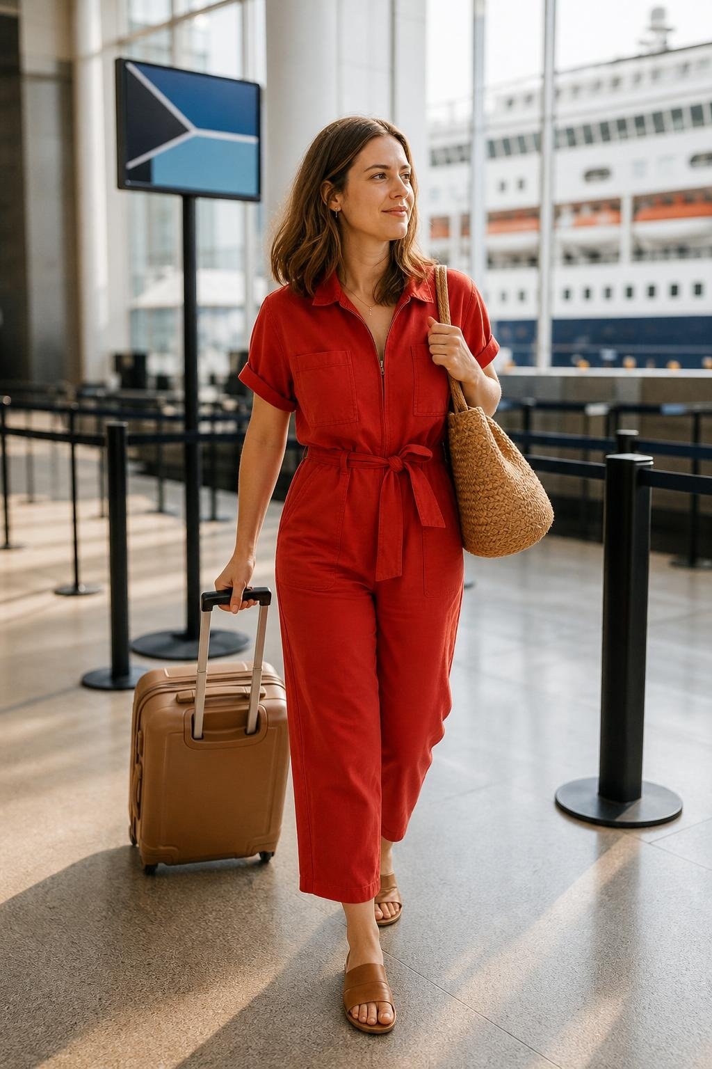 Tomato red utility jumpsuit with tan slides and woven tote in a cruise terminal arrival scene (option 1)