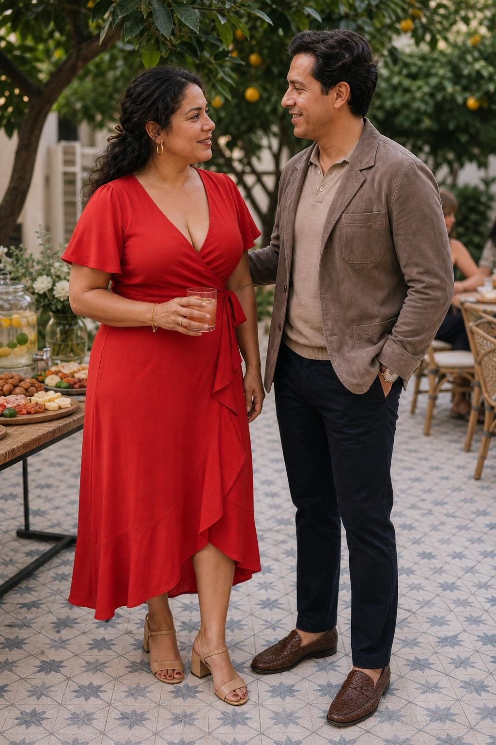 Tomato red wrap dress with taupe suede jacket, dark chinos, woven loafers, daytime patio party mood (option 2)