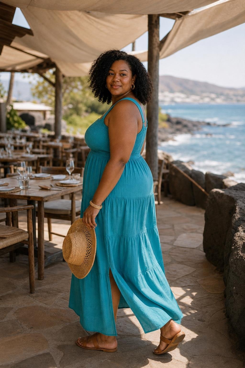 Turquoise cotton maxi dress with raffia sandals on a shaded outdoor lunch deck (option 2)