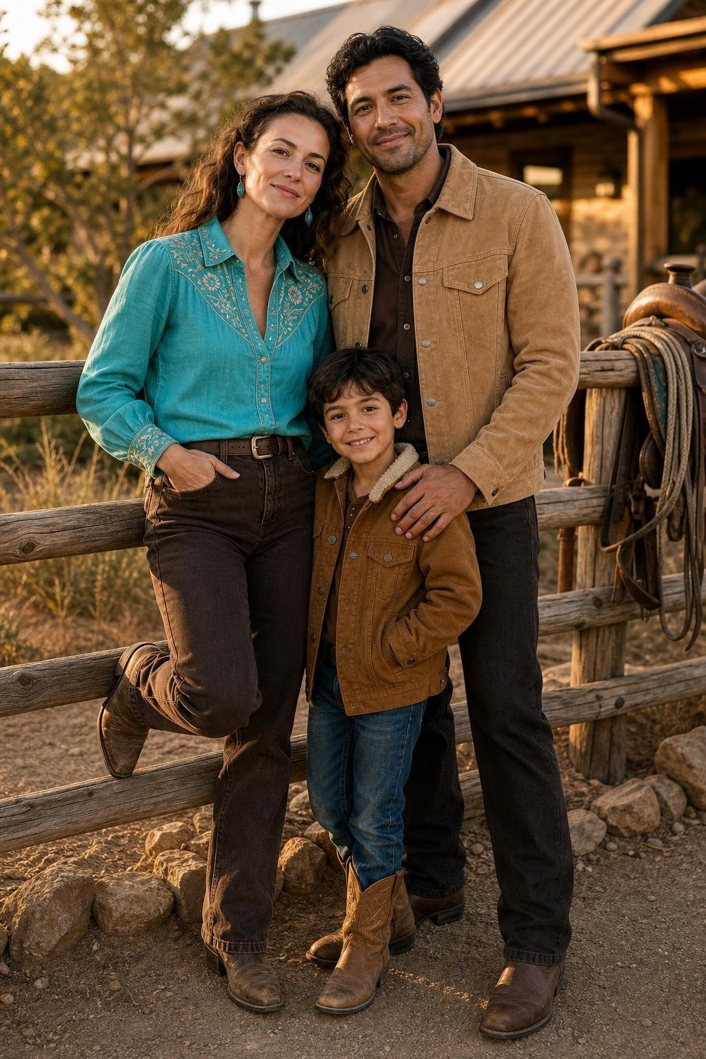Turquoise embroidered blouse, sand suede jacket, chocolate denim, cowboy boots, rustic ranch family portrait (option 1)