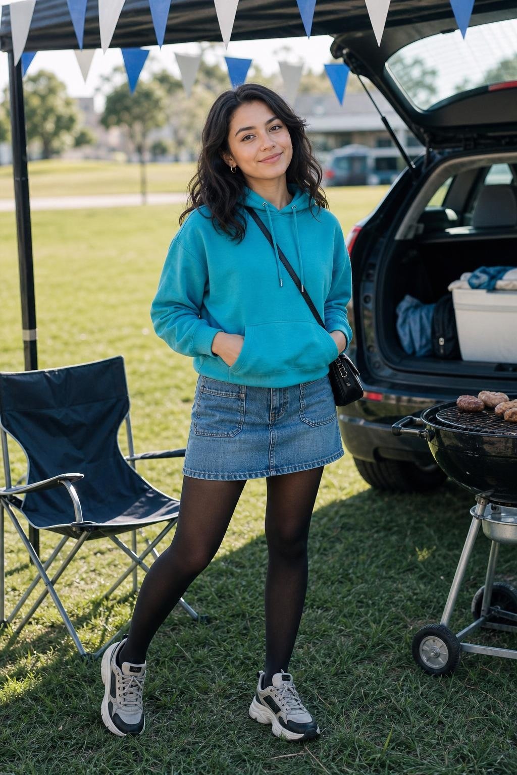 Turquoise hoodie, medium-wash denim skirt, black tights, chunky sneakers, casual campus tailgate scene (option 1)