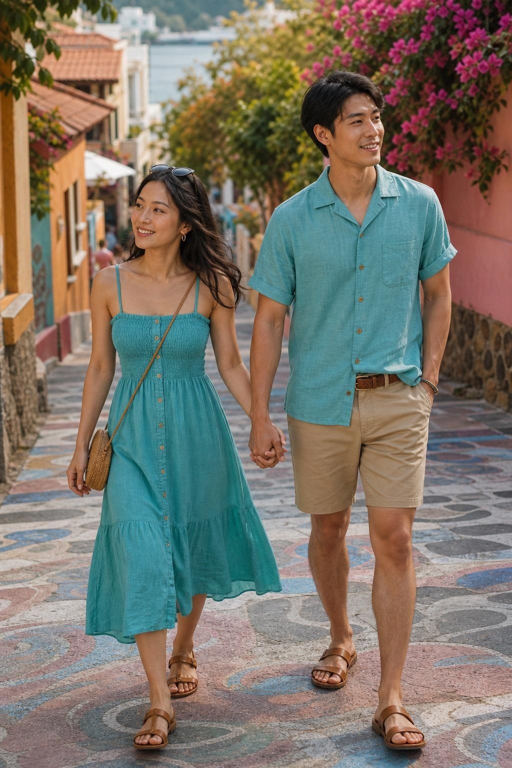 turquoise linen shirt with khaki shorts and turquoise sundress near a colorful vacation street (option 1)