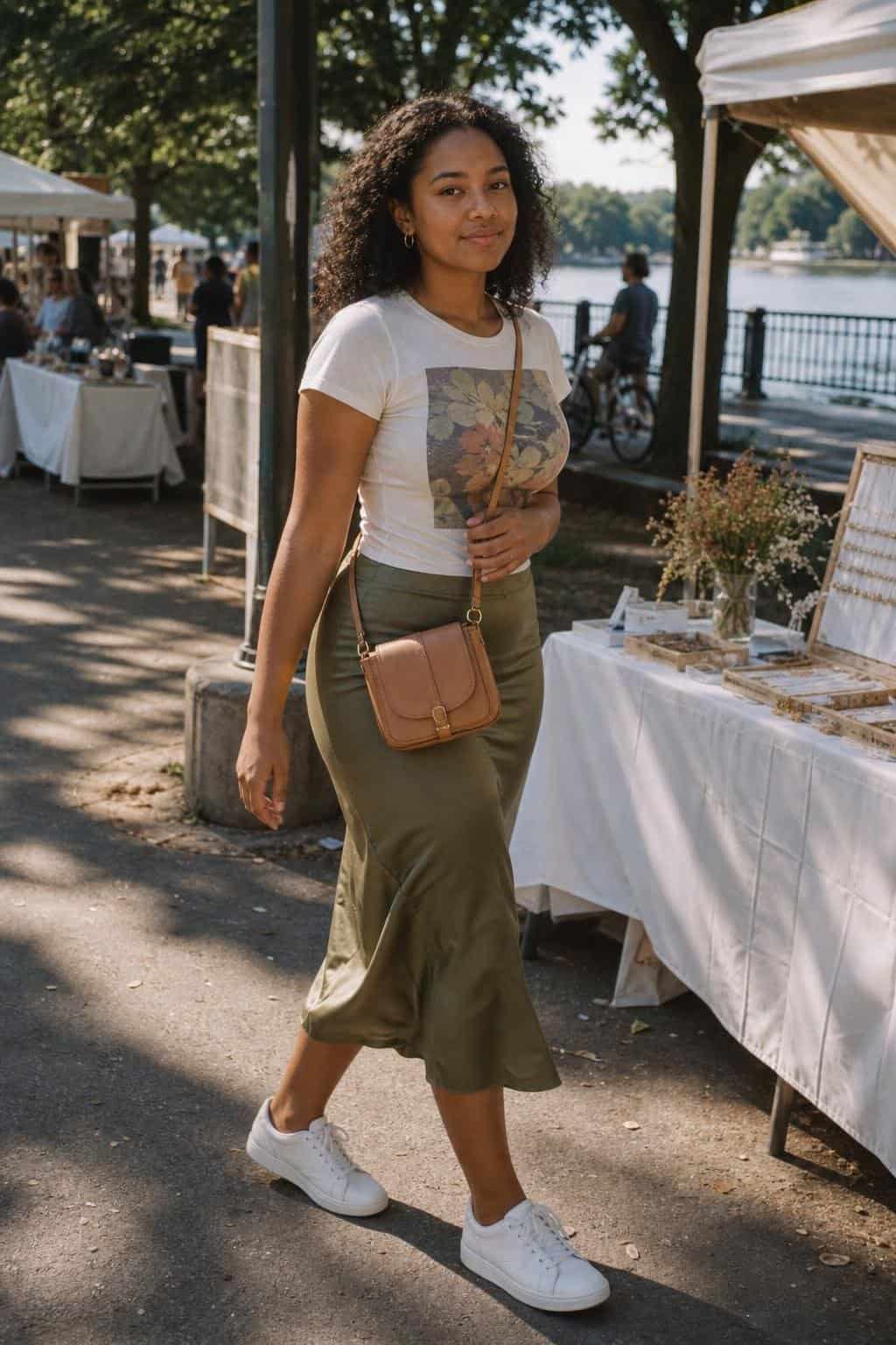 Vintage-style graphic tee, olive satin midi skirt, white sneakers, crossbody bag, casual street fair afternoon (option 1)