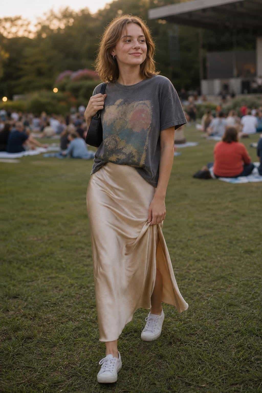 Vintage-style graphic tee, satin slip skirt, low sneakers, small shoulder bag, casual evening concert (option 2)