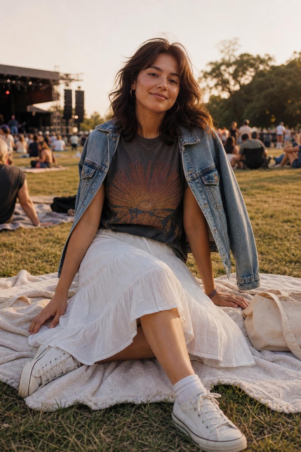Vintage-style graphic tee, white tiered cotton skirt, sneakers, denim jacket, outdoor concert lawn (option 2)