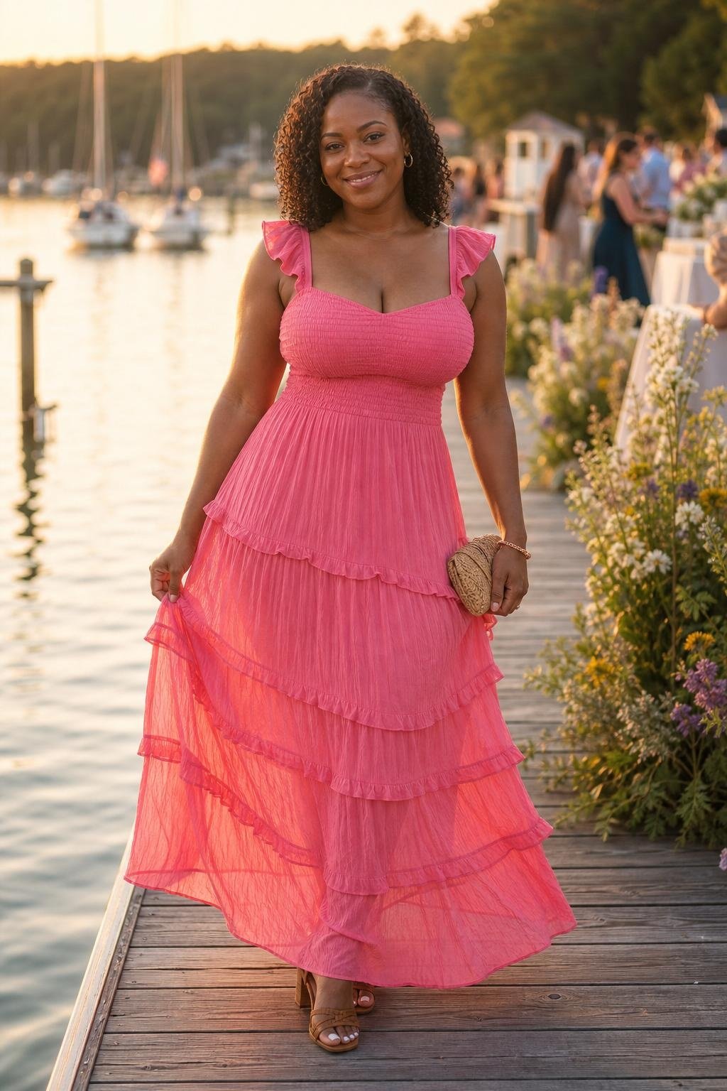 Watermelon pink tiered maxi dress with woven heels at a cheerful lakeside summer wedding (option 2)