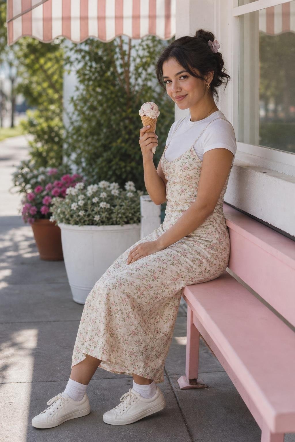 White baby tee under floral slip dress, pale sneakers, claw clip, neighborhood ice cream stop (option 1)