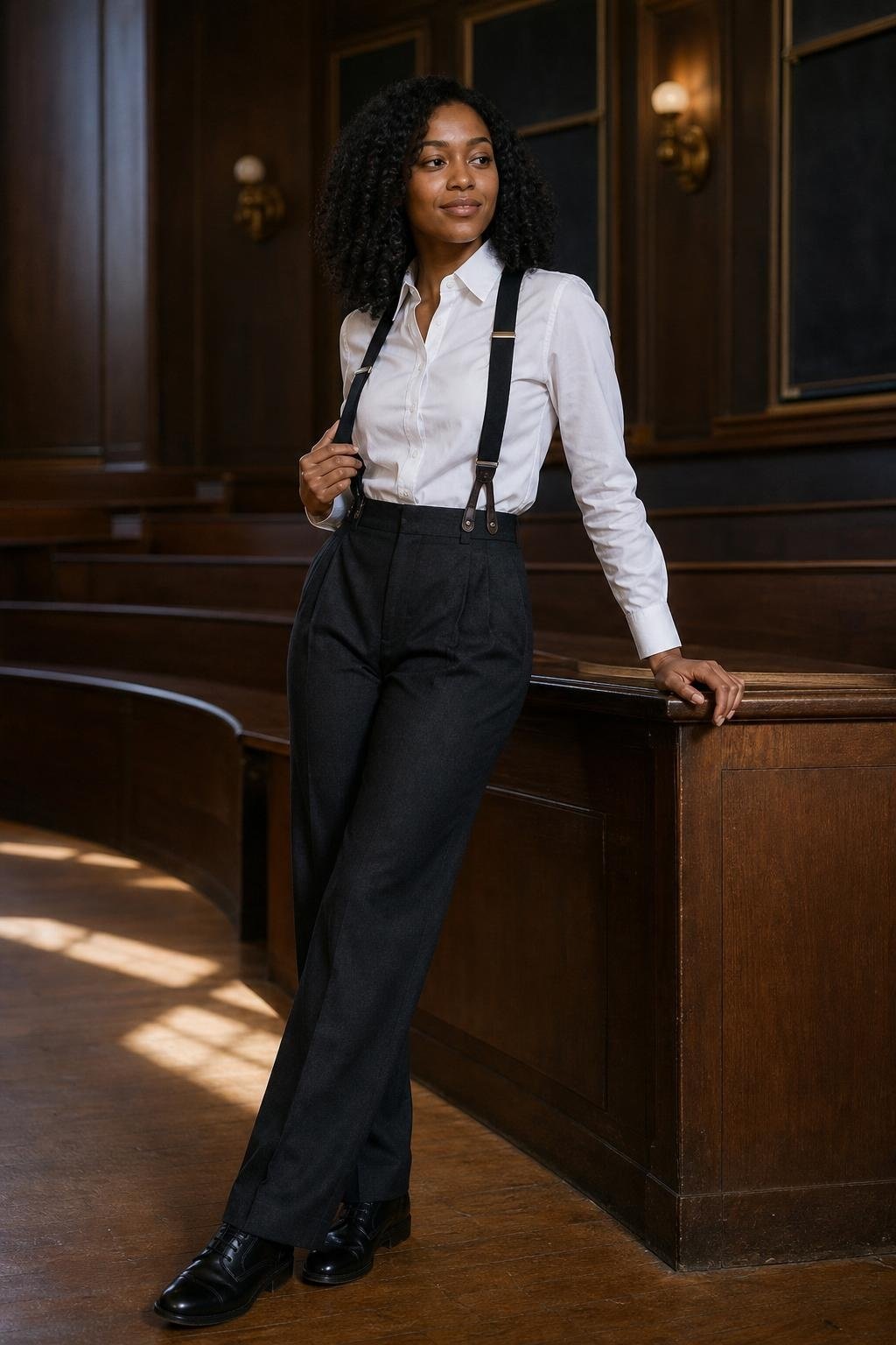 White button-down shirt, black suspenders, high-waisted charcoal trousers, oxfords, old lecture hall (option 1)