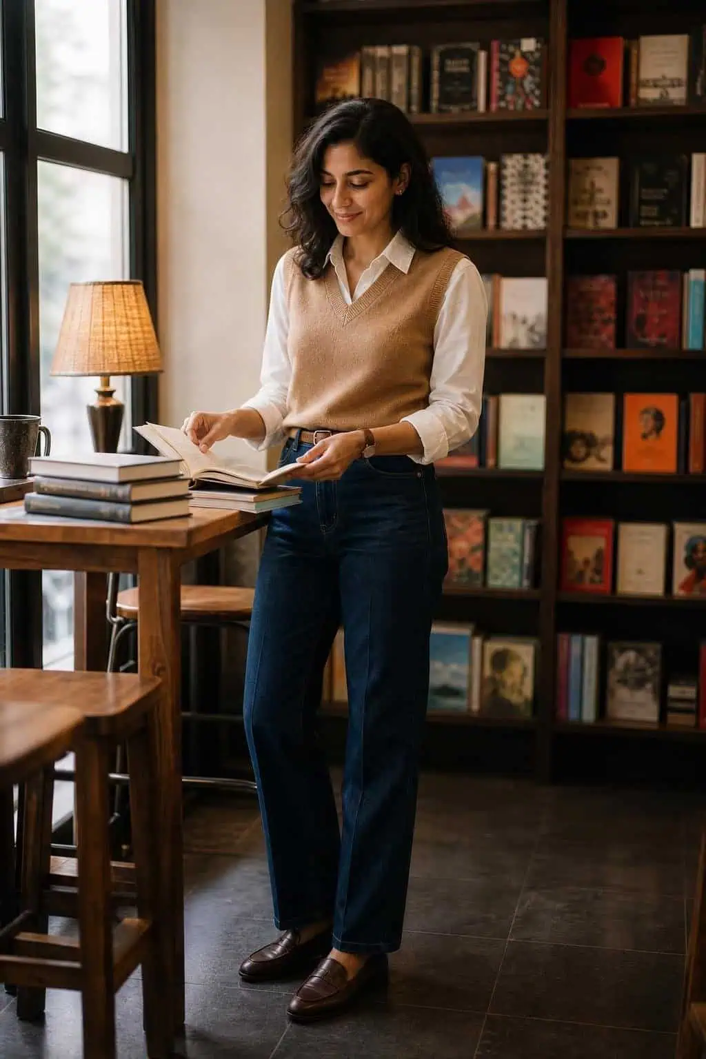 White button-down under camel sweater vest, trouser jeans, brown loafers, bookshop workday setting (option 2)