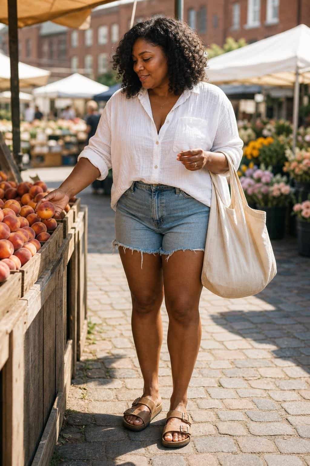 White cotton gauze button-down, faded denim cutoffs, Birkenstock-style sandals, canvas market bag, farmers market morning (option 2)