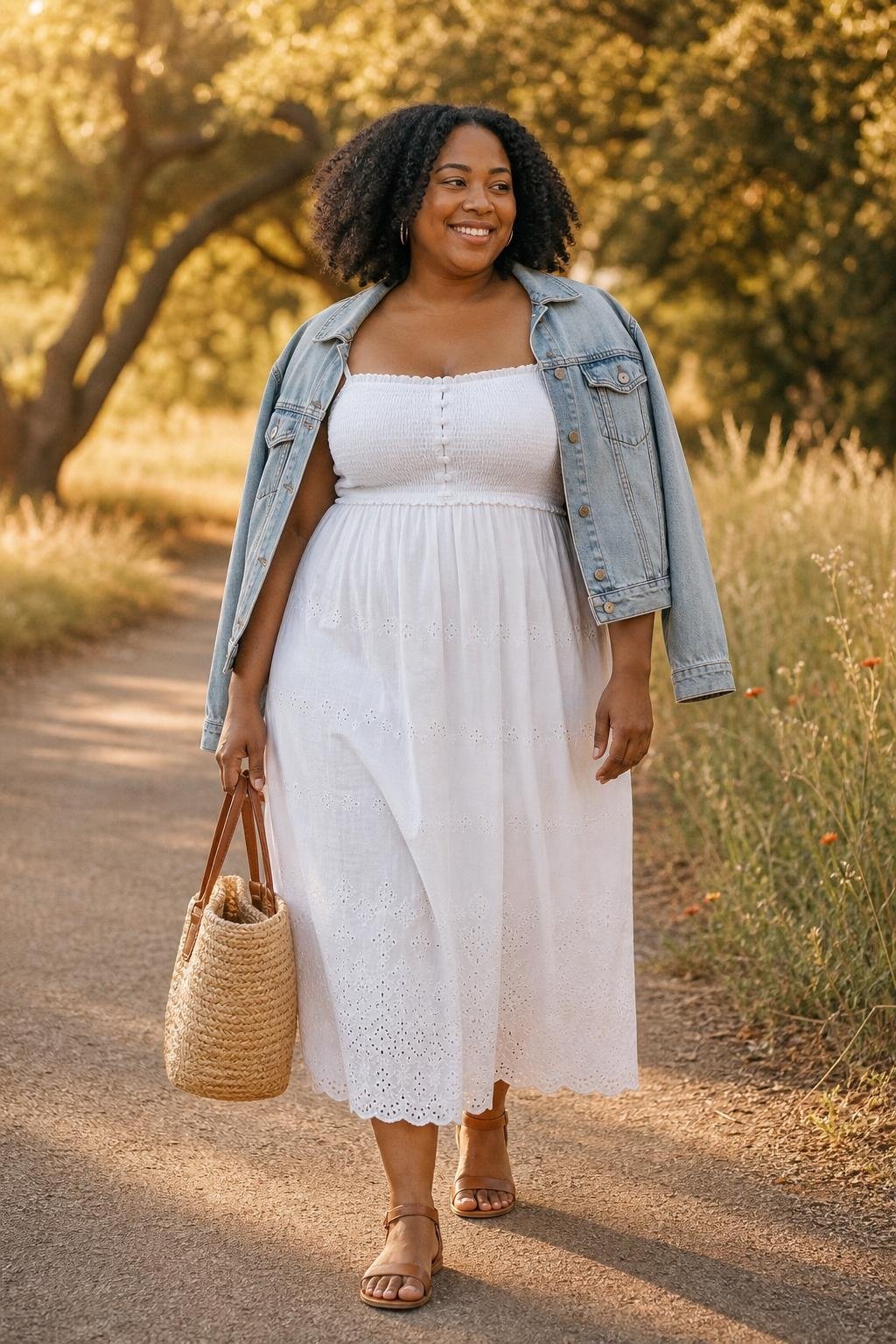 White cotton sundress, light denim jacket, tan sandals, straw bag, golden hour park path (option 1)