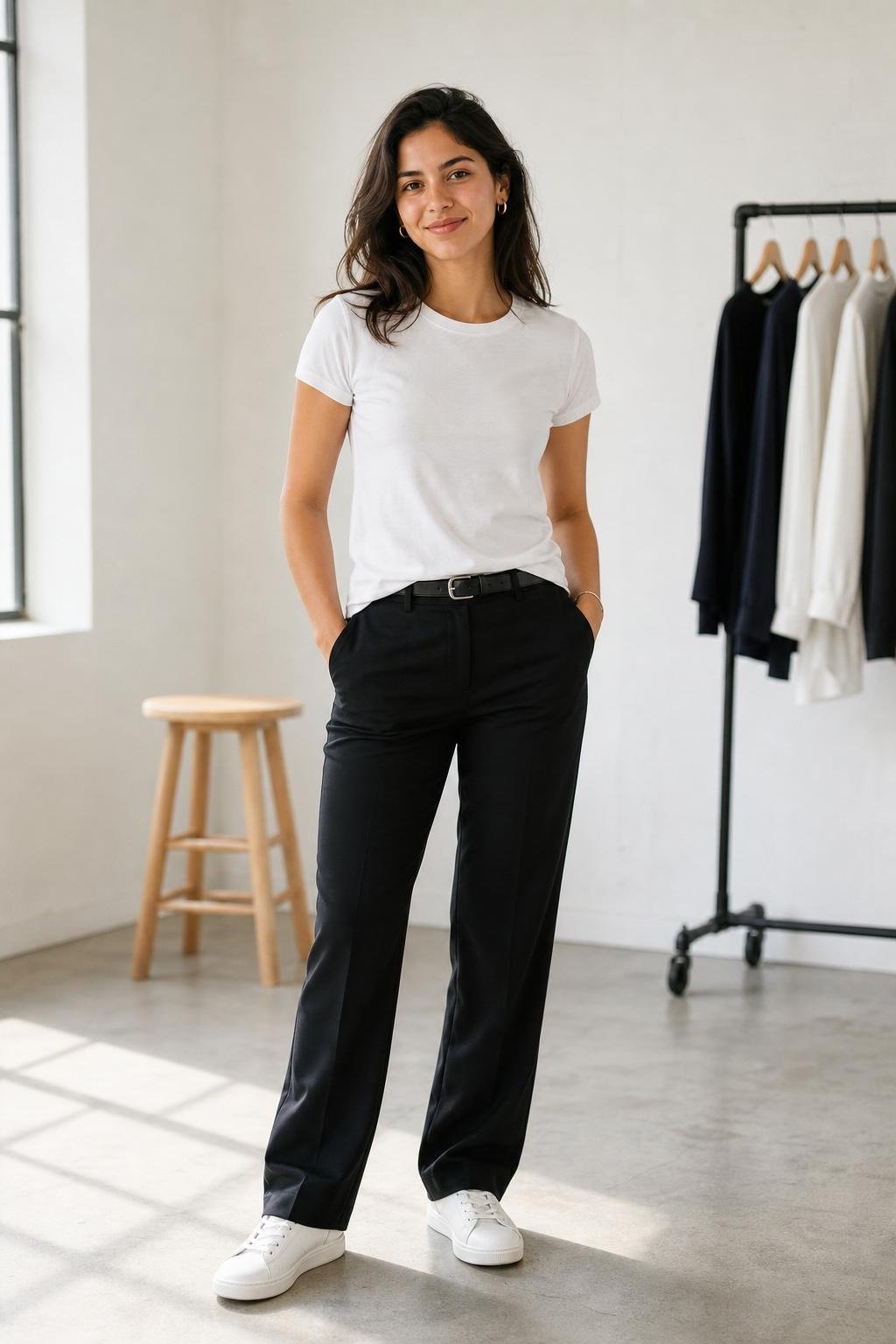 White crewneck T-shirt with black trousers, slim leather belt, minimal jewelry, sneakers, bright casual studio setting (option 1)