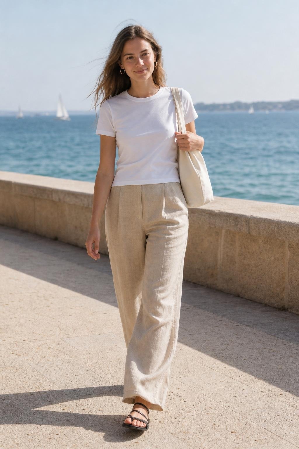White crewneck tee, beige linen trousers, black flat sandals, sunny seaside promenade (option 2)