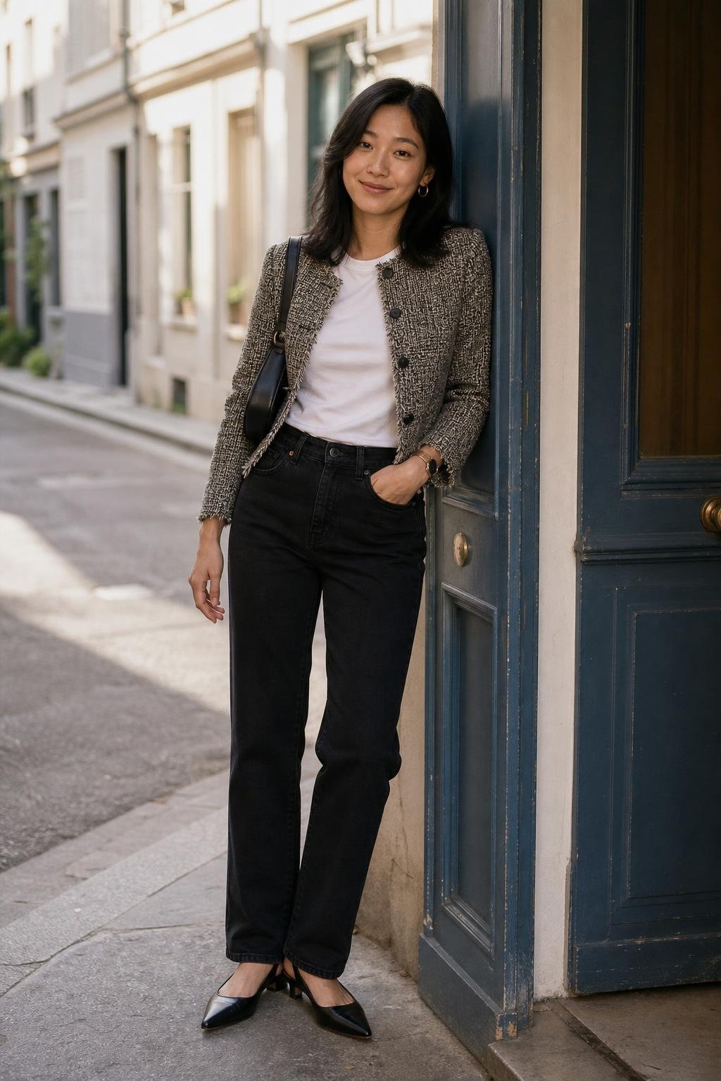 White crewneck tee, black straight jeans, cropped tweed jacket, slingback flats in a café doorway (option 2)