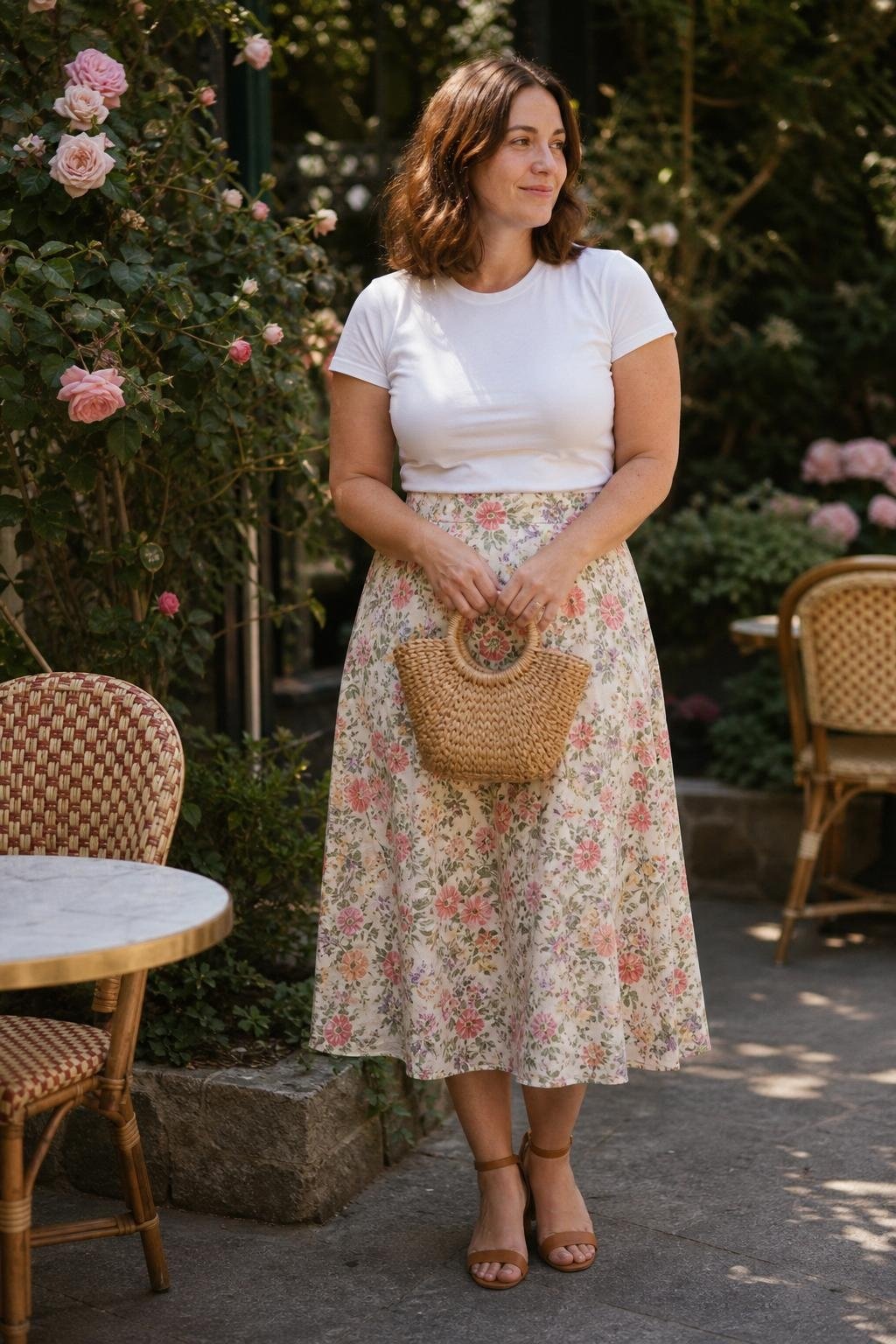 White crewneck tee, floral midi skirt, tan ankle-strap sandals, small basket bag, garden cafe scene (option 2)