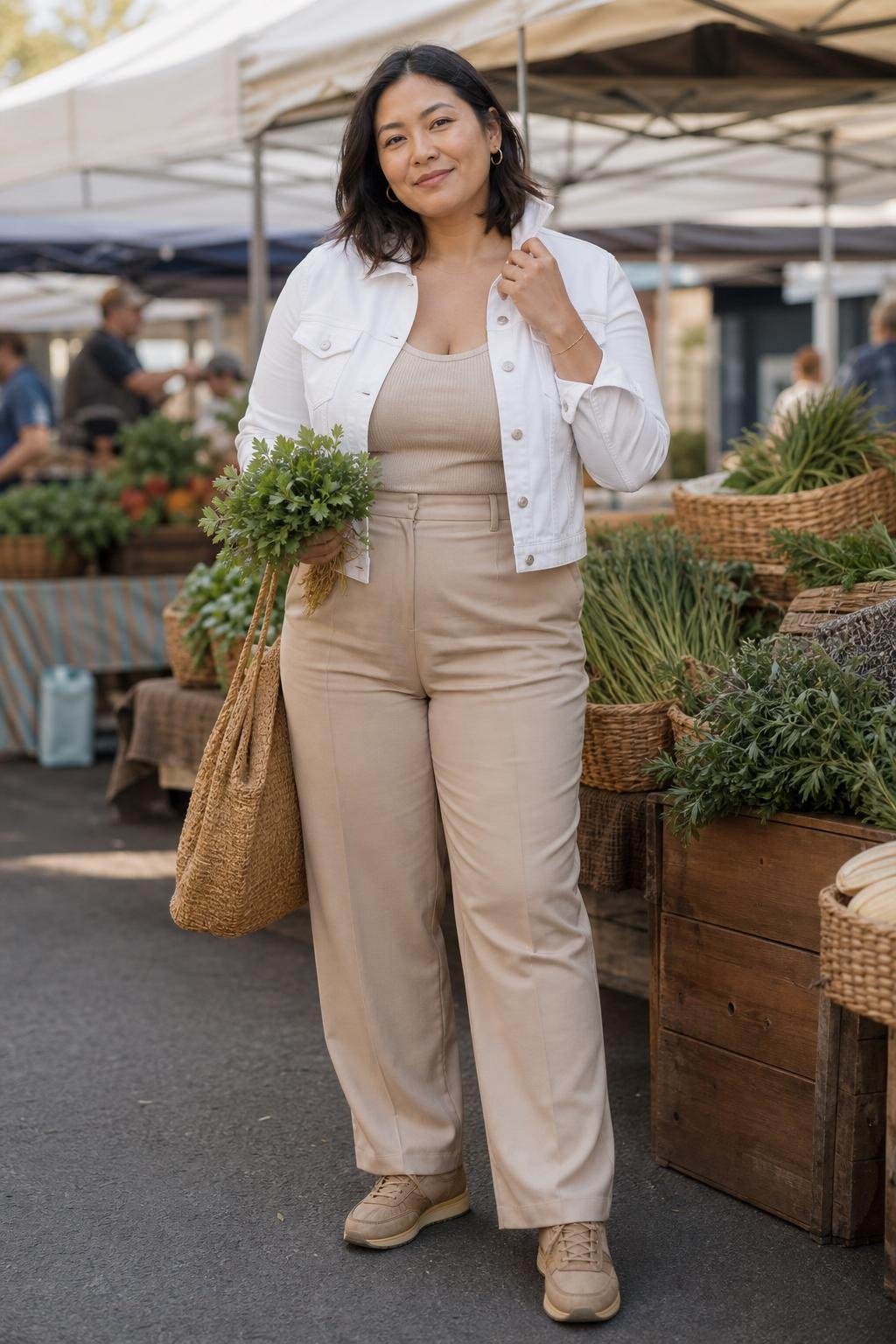white denim jacket, beige tank, beige straight trousers, tan sneakers, weekend farmers market (option 1)