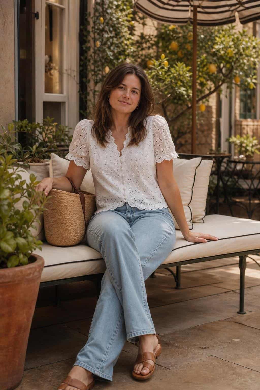 White eyelet blouse, light straight-leg jeans, tan sandals, woven tote, casual brunch patio (option 1)