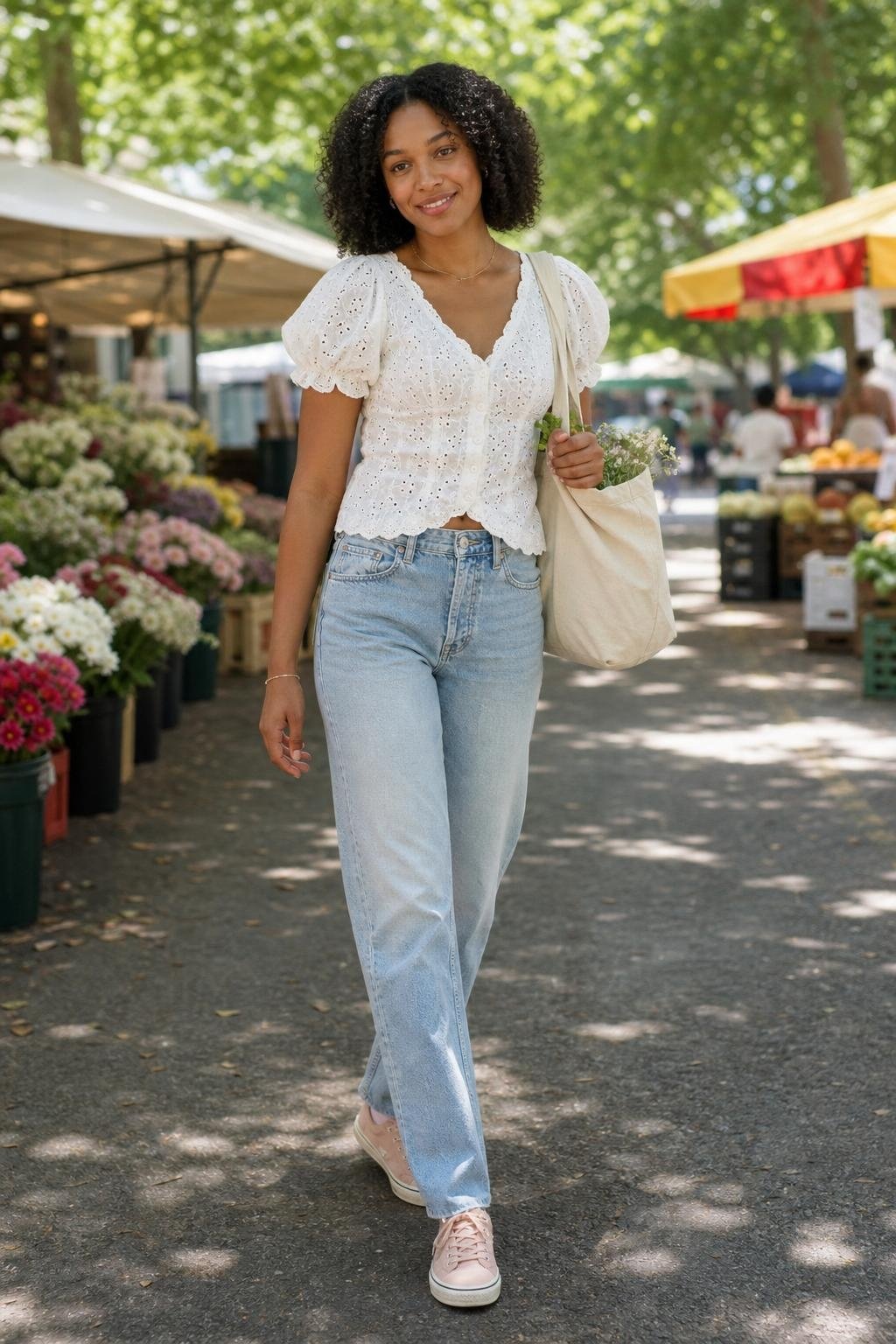 White eyelet blouse, light-wash straight jeans, blush sneakers, canvas tote, sunny weekend market (option 2)