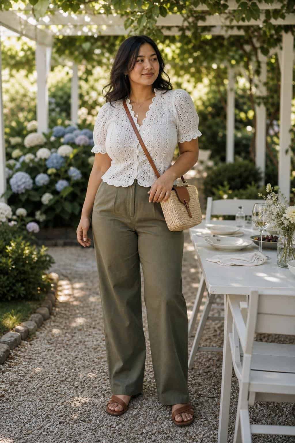 White eyelet blouse, olive straight-leg pants, brown sandals, woven crossbody, garden lunch setting (option 1)