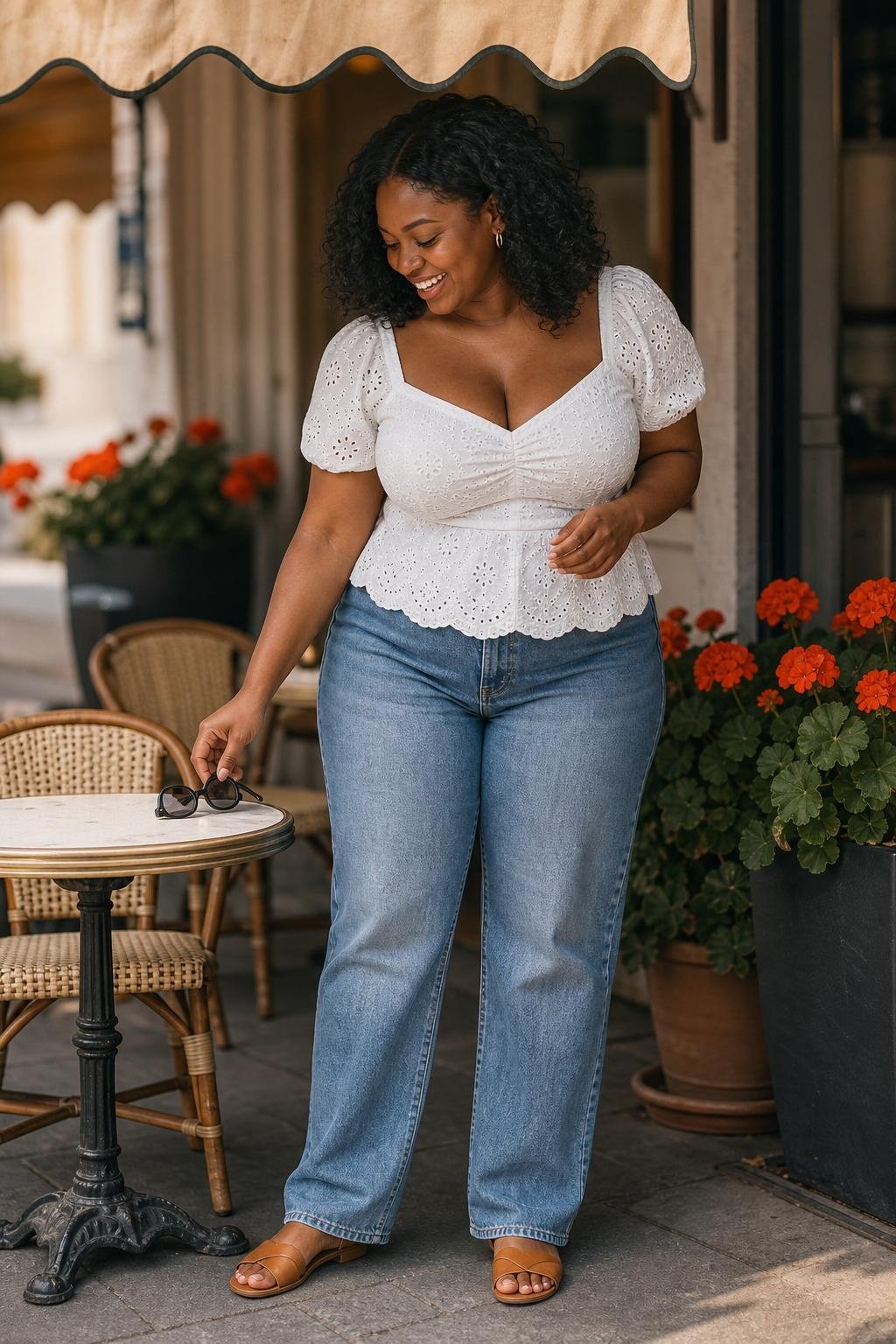 White eyelet blouse, relaxed blue jeans, tan slides at a sunny outdoor cafe (option 1)