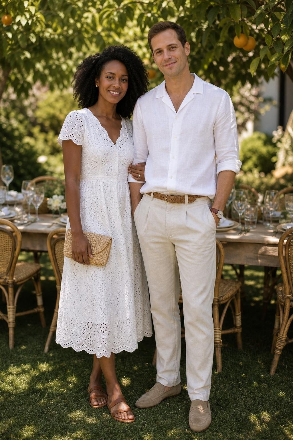 white eyelet dress with white linen shirt and trousers at a summer garden party (option 2)