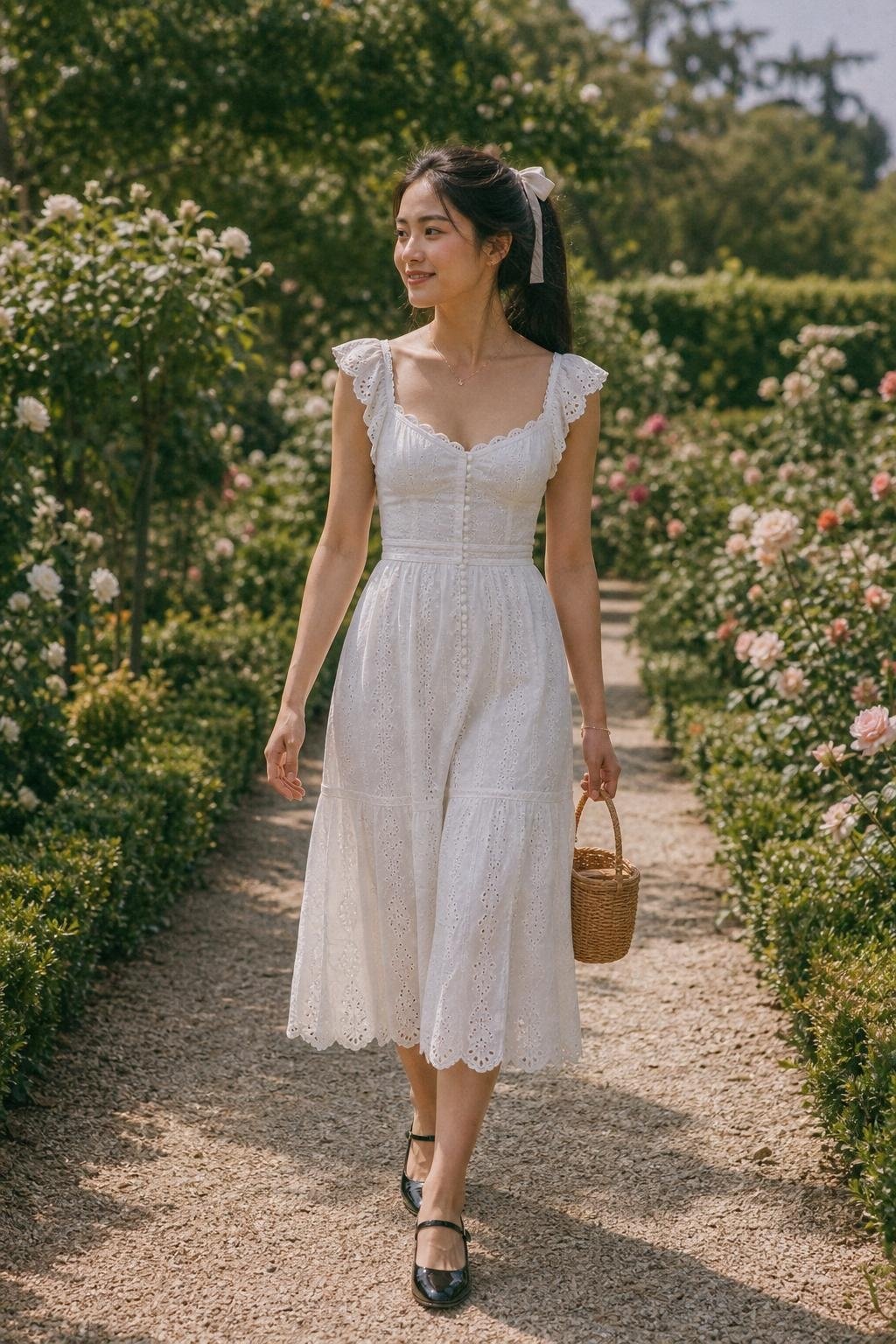 White eyelet midi dress, black Mary Janes, woven mini bag, soft ribbon ponytail, garden walkway (option 1)