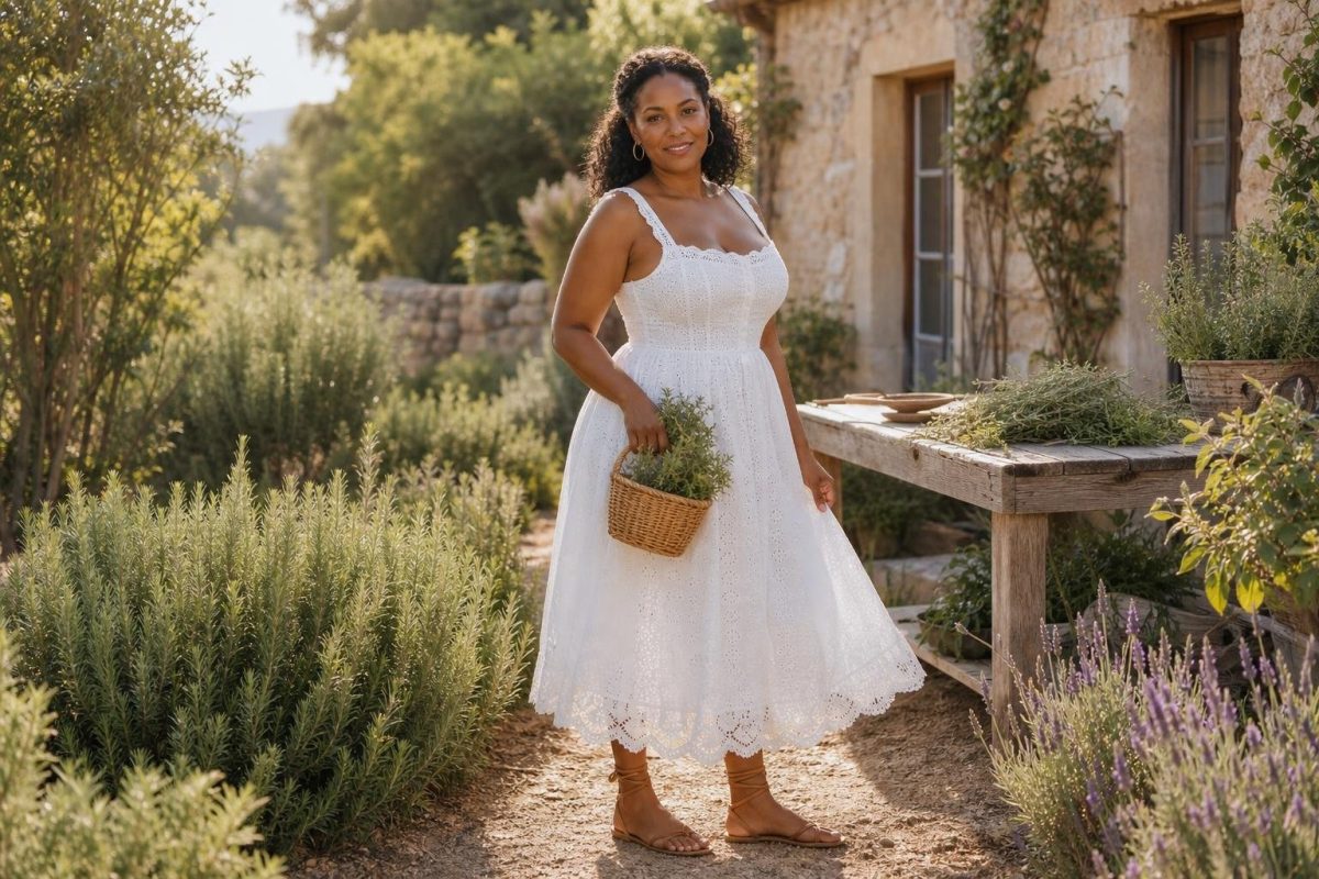 White eyelet sundress with lace-up sandals in a sunlit herb garden, soft romantic summer cottage mood (option 1)