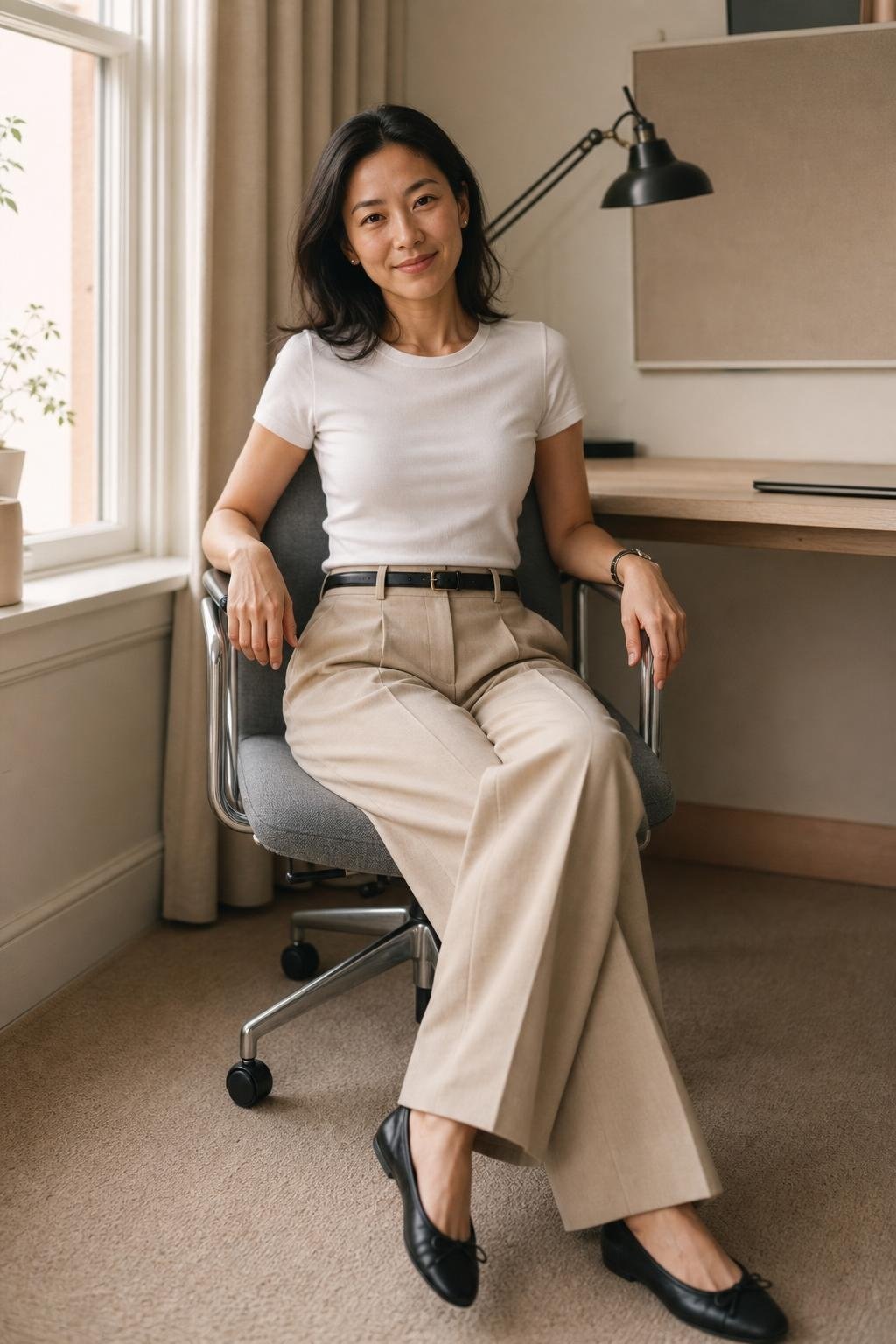 white fitted tee, beige wide-leg trousers, slim black belt, black ballet flats, minimalist office desk (option 1)