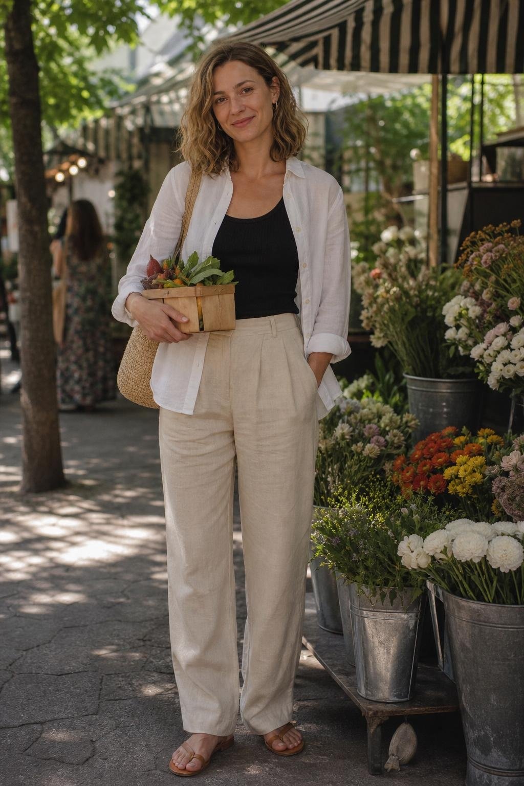White linen button-down over black tank with beige trousers and flat sandals, relaxed market morning (option 1)