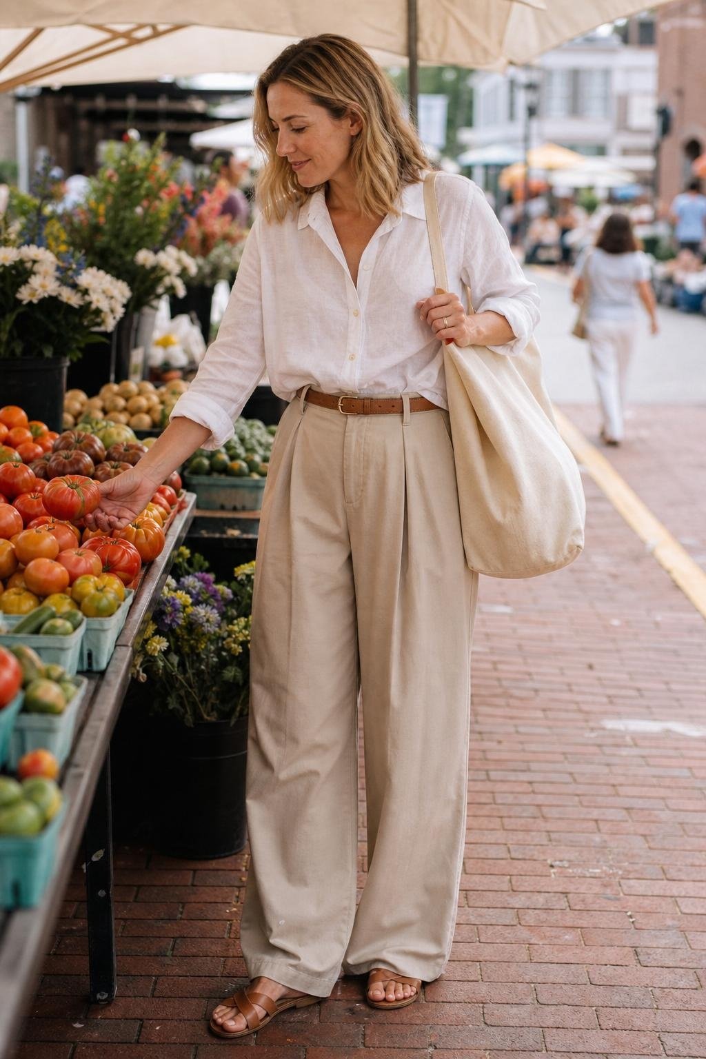 White linen button-down, stone wide-leg chinos, tan belt, leather slides at a farmers market (option 1)