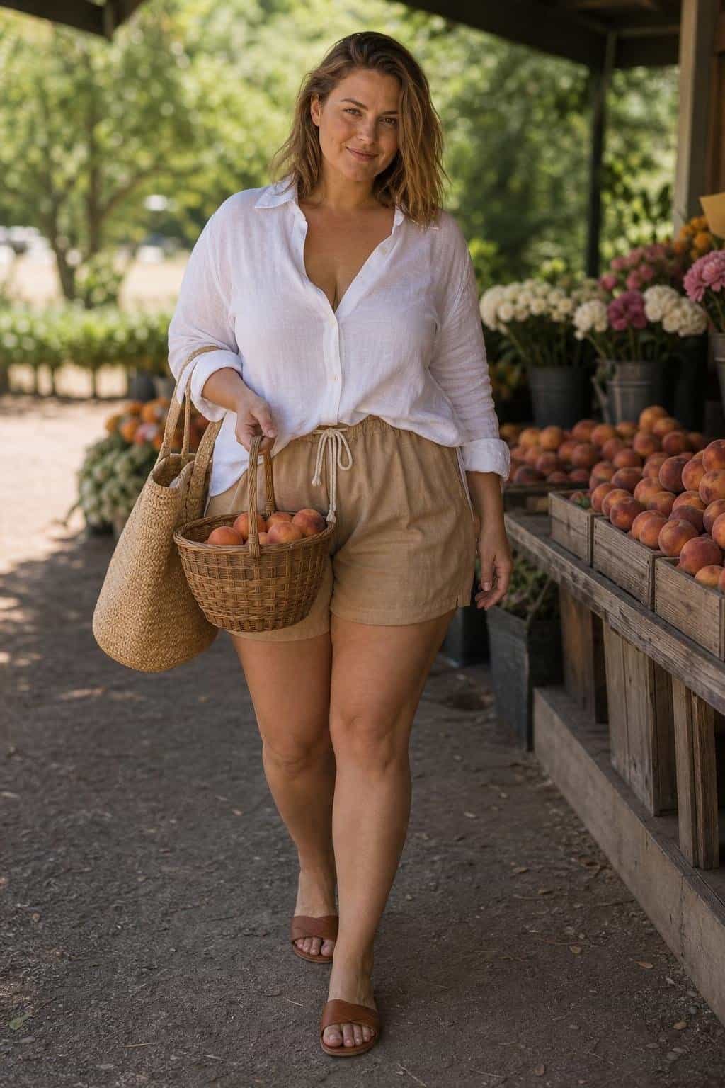White linen button-down, tan drawstring shorts, brown leather slides, woven tote, relaxed market morning (option 2)