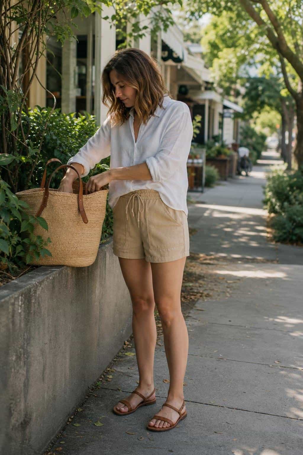 White linen button-down, tan drawstring shorts, flat leather sandals, woven tote, relaxed neighborhood errands scene (option 2)