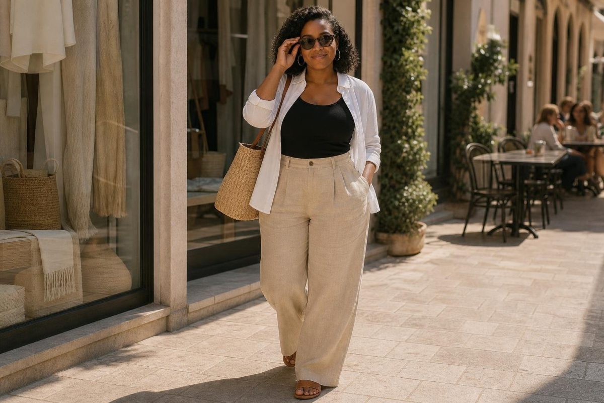 White linen shirt, black tank, linen trousers, leather sandals, woven tote, sunny city errands mood (option 1)