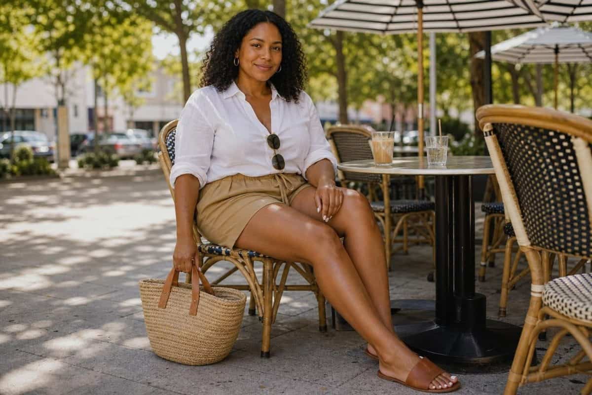 White linen shirt, tan drawstring shorts, leather slides, woven tote, bright outdoor cafe summer mood (option 1)