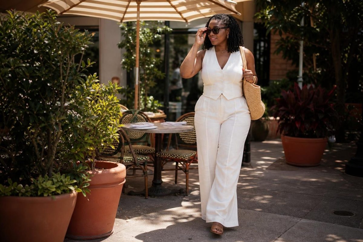White linen vest, matching wide-leg trousers, tan sandals, woven tote, sunny cafe patio mood (option 1)