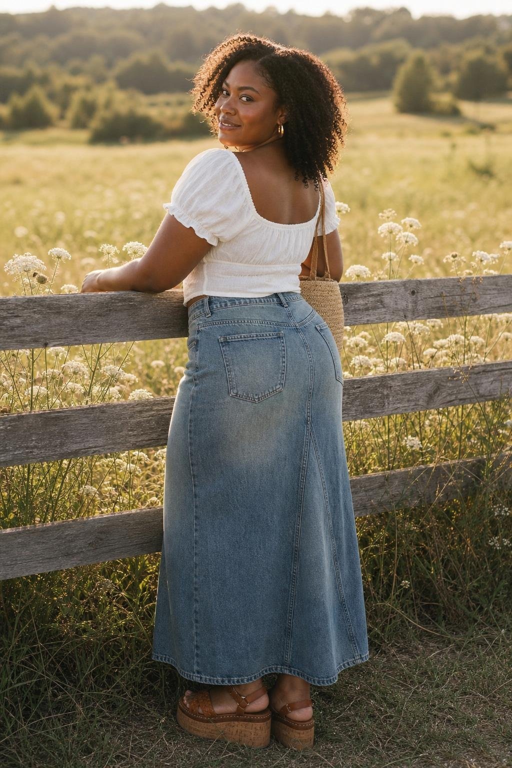 White milkmaid top with long faded denim skirt and platform sandals near a garden fence, nostalgic summer casual mood (option 2)