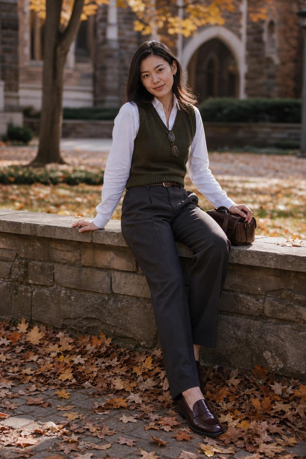 White oxford shirt, olive sweater vest, straight-leg trousers, penny loafers, campus courtyard in autumn (option 1)