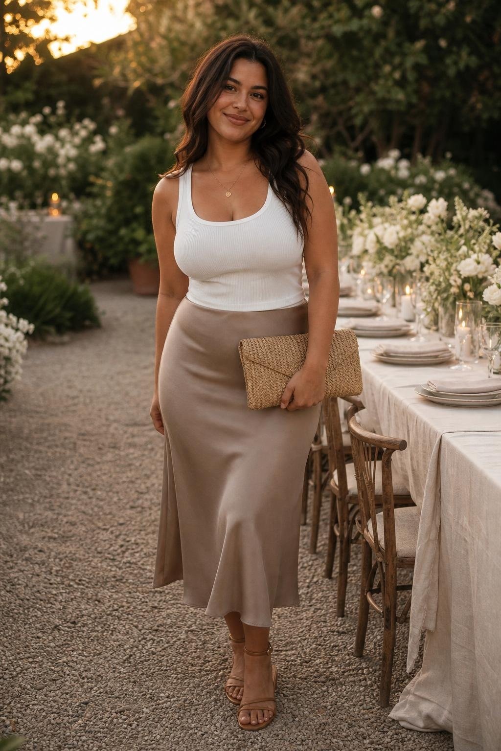 white ribbed tank, taupe satin midi skirt, strappy flat sandals, woven clutch, summer garden dinner (option 1)